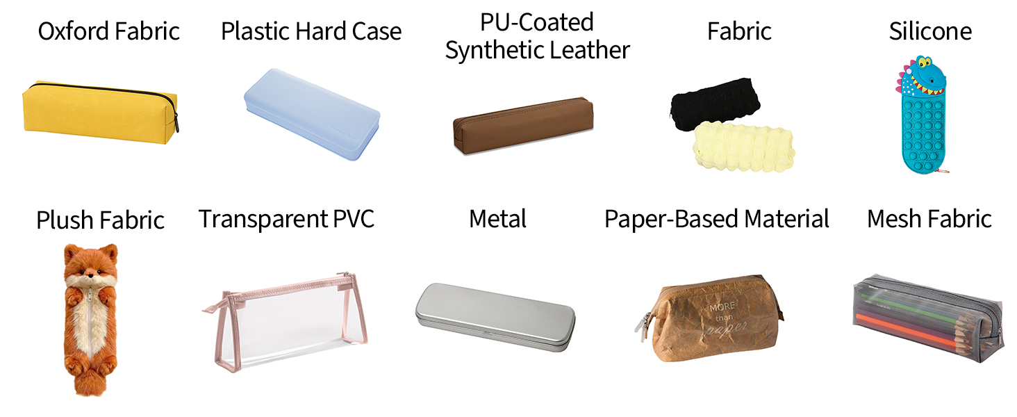 Examples of pencil cases in different material categories